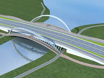 Modern Arched Bridge Water Crossing With Road Lanes And Green Grass Landscape 3d model