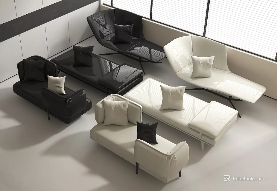 Modern Black and White Lounge Chairs with Soft Cushions in Bright Interior Design 3d model 