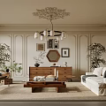Elegant Living Room Interior With Ornate Ceiling Chandelier White Sofa Wooden Coffee Table And Plants