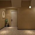 Modern Elevator Hallway With Beige Wall Recessed Lighting Long Bench Flower Bouquet And Floor Lamp