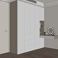 Modern White Wardrobe Design With Wooden Accent And Vanity Mirror Lighting