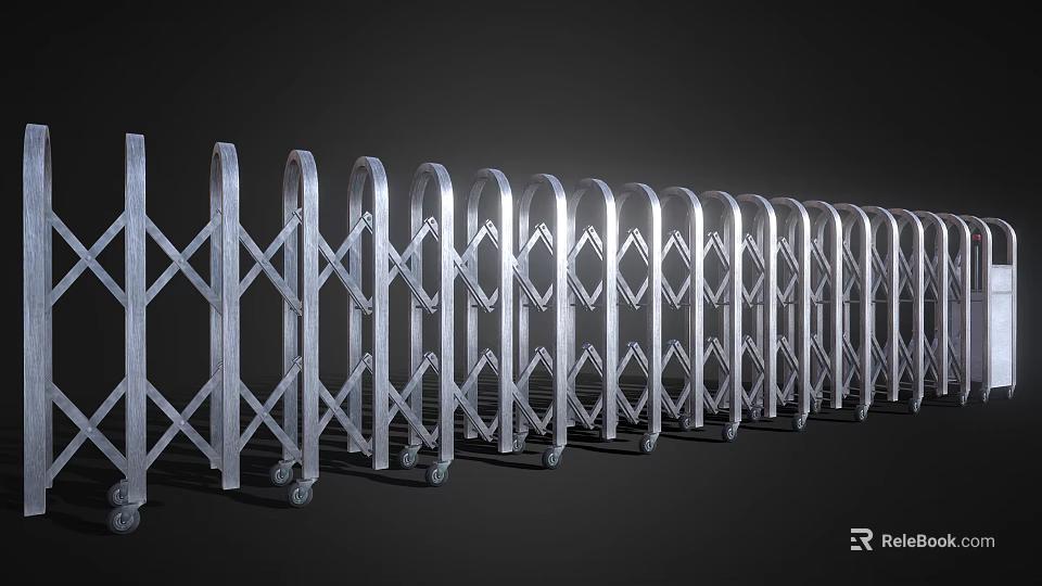 Silver Metal Retractable Gate With Wheels Arranged In A Row On Dark Background 3d model 