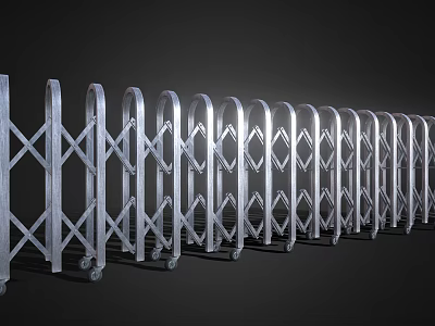 Silver Metal Retractable Gate With Wheels Arranged In A Row On Dark Background 3d model