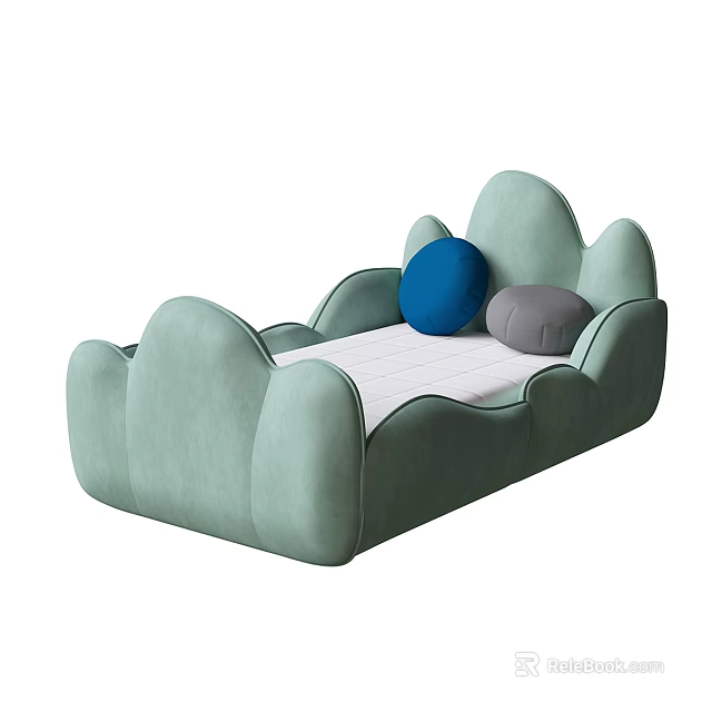 Cloud Shaped Light Green Children's Bed With Blue And Gray Pillows 3d model 