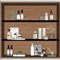 Organized Wooden Shelf With Bathroom Essentials Skincare Products Soap Bottles Towels And Plant Decor