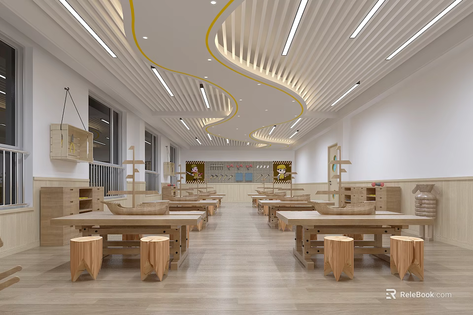 Spacious School Classroom With Wooden Tables Stools Yellow Curved Ceiling And White Strip Lights 3d model 