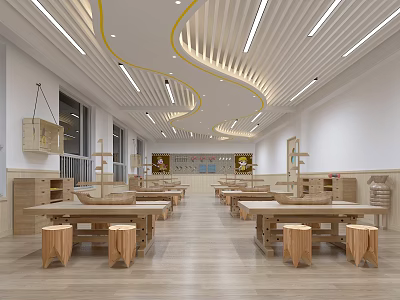 Spacious School Classroom With Wooden Tables Stools Yellow Curved Ceiling And White Strip Lights 3d model