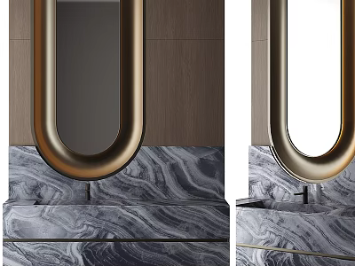 Modern Luxury Washbasin Vanity With Gold Frame Mirror And Marble Countertop 3d model