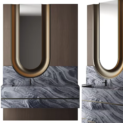 Modern Luxury Washbasin Vanity With Gold Frame Mirror And Marble Countertop 3d model