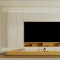 Modern TV Cabinet Design With White Wall Wooden Top Embedded TV And Storage Shelves