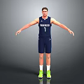 A Man in Blue Mavericks Number 1 Basketball Jersey and Shorts with Green Sneakers Standing Arms Outstretched Against Gray Background