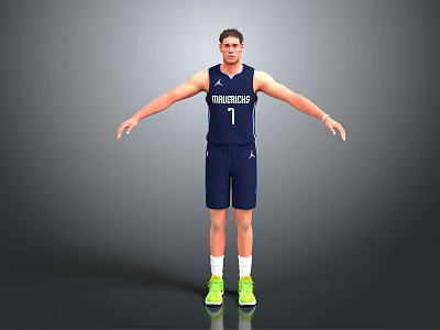 A Man in Blue Mavericks Number 1 Basketball Jersey and Shorts with Green Sneakers Standing Arms Outstretched Against Gray Background 3d model