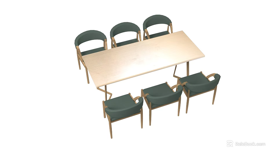 Light Wood Rectangular Dining Table Set With Six Green Cushioned Chairs 3d model