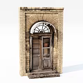 Vintage Entrance Door With Brick Wall Arched Window And Wooden Panel
