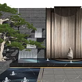 Modern Bronze Striped Feature Wall With Pine Tree Water Pool And Stone Statue 3d model