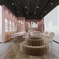 Stylish Beauty Hair Salon Interior with Pink Stools White Counter Beige Recliners and Wooden Flooring