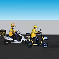 Men Wearing Yellow Uniforms Riding Electric Scooters in City Street with High Rise Buildings