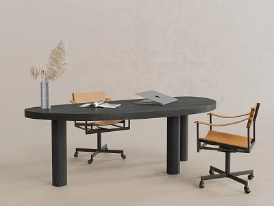 Modern Dark Wooden Desk With Wheeled Office Chairs Laptop Vase And Dried Pampas Grass 3d model
