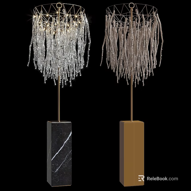 Stylish Floor Lamps With Black Marble And Golden Bases And Tassel Like Hanging Decorations 3d model 