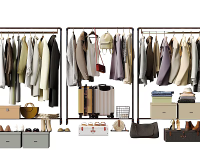 Stylish Clothes Display With Accessories In Wardrobe Setup 3d model