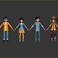 Four Cartoon Characters Standing Together Holding Hands With Gray Background And Ground Reflections