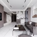 Modern Minimalist Living And Dining Room With Marble Surfaces Leather Sofa And Custom Wine Cabinet
