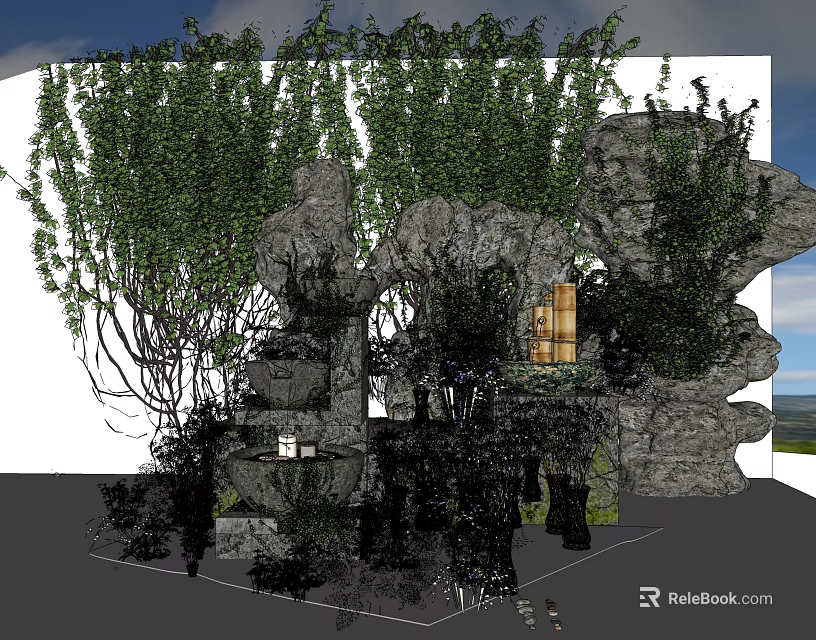 Garden Ornamental Rock Formations With Lush Green Vines And Small Decorative Features 3d model 