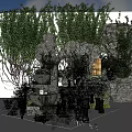 Garden Ornamental Rock Formations With Lush Green Vines And Small Decorative Features