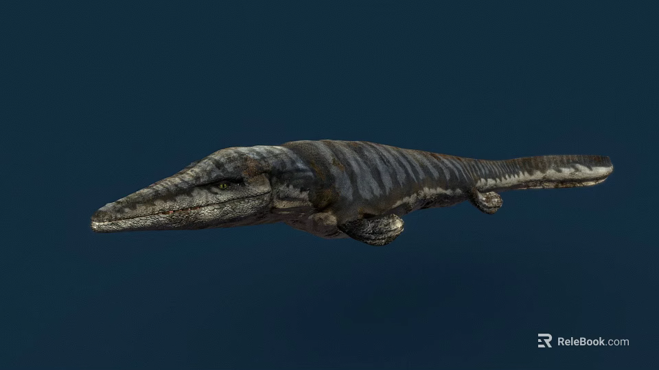 Realistic Prehistoric Marine Reptile With Long Snout Streamlined Body On Dark Blue Background 3d model 
