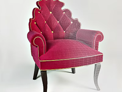 Elegant Red Tufted Accent Chair With Gold Trim Crocodile Texture And Dark Wooden Legs 3d model