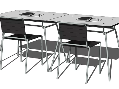 Modern Two Connected Desks With Black Notebooks And Metal Frame Chairs 3d model