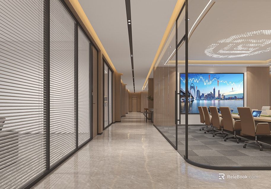 Modern Office Corridor With Glass Partitions Blinds Marble Floor And Conference Area With Large Screen 3d model 