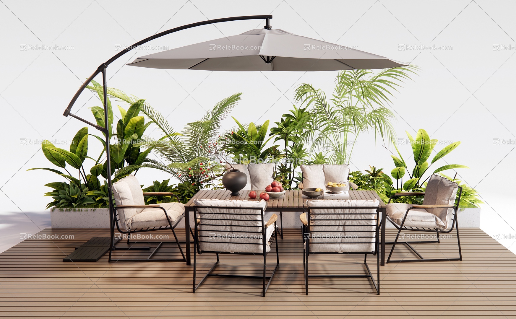 Modern Outdoor Table and Chair Dining Table and Chair Leisure Chair Vase Ornaments Plant Flower Box model