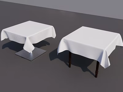 Stylish Dining Table Set With White Tablecloths Silver Metal Bases And Dark Wooden Legs 3d model