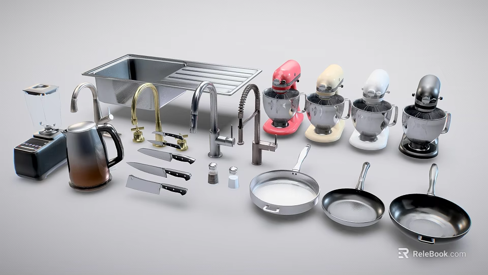 Complete Kitchenware Set with Stainless Steel Sink Faucets Mixers Pans Knives and Multicolor Design 3d model 