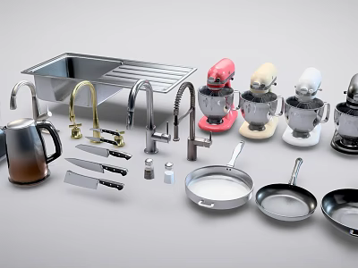 Complete Kitchenware Set with Stainless Steel Sink Faucets Mixers Pans Knives and Multicolor Design 3d model