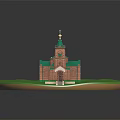 Historic Red Brick Architecture With Green Roof Golden Domes Tower And Arched Doorway