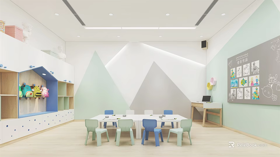 Vibrant Kindergarten Classroom With Geometric Wall Design And Colorful Tables Chairs 3d model 