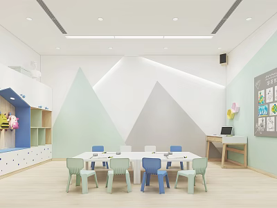 Vibrant Kindergarten Classroom With Geometric Wall Design And Colorful Tables Chairs 3d model
