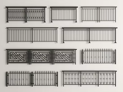 Black Metal Fence Railings With Horizontal Vertical Bars And Decorative Patterns 3d model