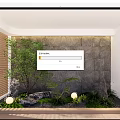 Indoor Landscape With Stone Wall Green Plants Small Tree Rocks And Round Lights