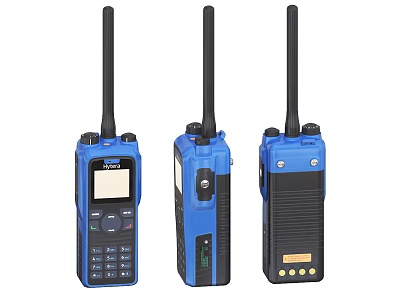 Three Blue Digital Walkie Talkies Mobile Communication Devices With Antennas 3d model