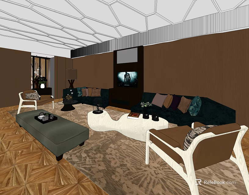 Modern Living Room Sofa and Coffee Table Set With Cushions Accent Chairs and Area Rug 3d model 