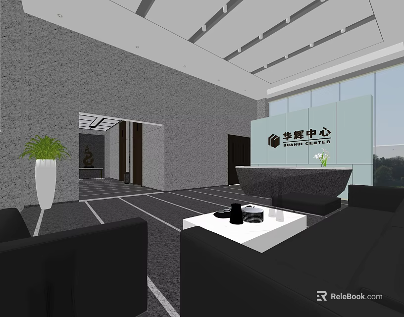 Modern Hotel Lobby Interior Design With Reception Desk Sofa And Green Plant 3d model 