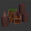 Wooden Scene Components Featuring Barrel Shaped And Box Shaped Textured Structures With Transparent Small Object 3d model