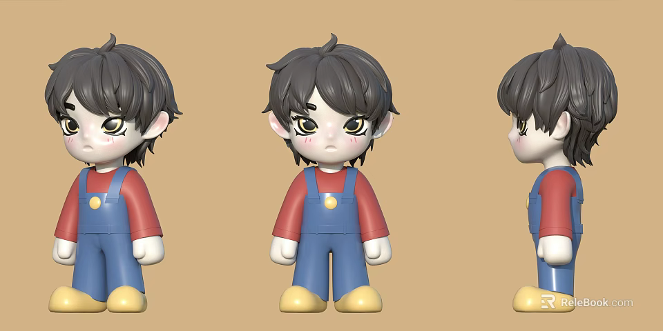 Game Movie Character 3D Model Design with Pointed Ears Red Shirt Blue Overalls Yellow Shoes 3d model 