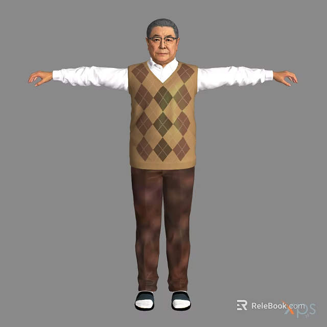 Man with Outstretched Arms Wearing White Shirt Brown Argyle Vest Brown Pants Against Gray Background 3d model 