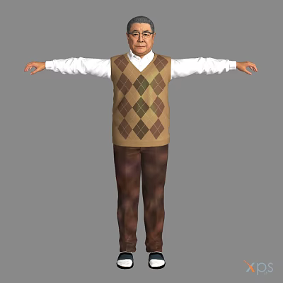 Man with Outstretched Arms Wearing White Shirt Brown Argyle Vest Brown Pants Against Gray Background 3d model