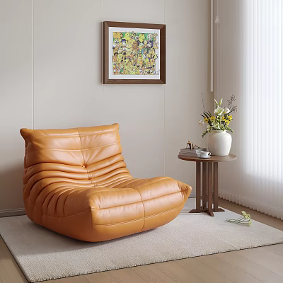Orange Leather Pleated Bean Bag Chair with Small Round Side Table Flowers in Living Room 3d model