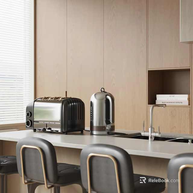 Modern Kitchen Counter With Toaster Kettle And Wooden Cabinets For Home 3d model 